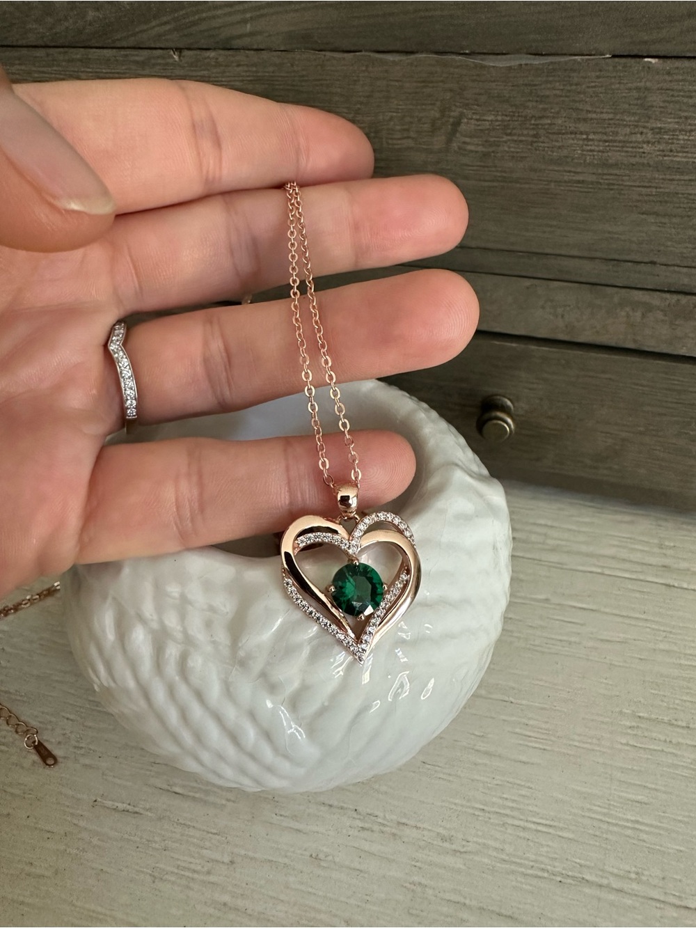 Rose Gold Heart Pendant Necklace with Emerald Stone
